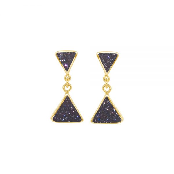 Yellow Gold Blue Goldstone Triangular Double Drop Earrings