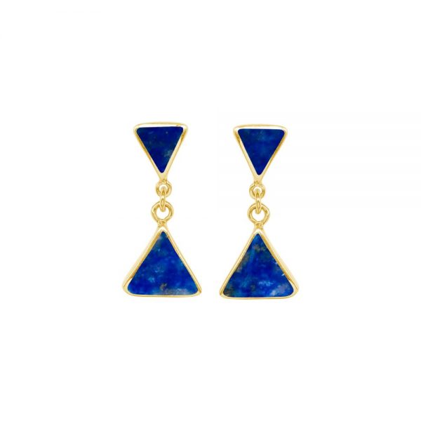 Yellow Gold Lapis Triangular Double Drop Earrings