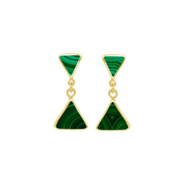 Yellow Gold Malachite Triangular Double Drop Earrings