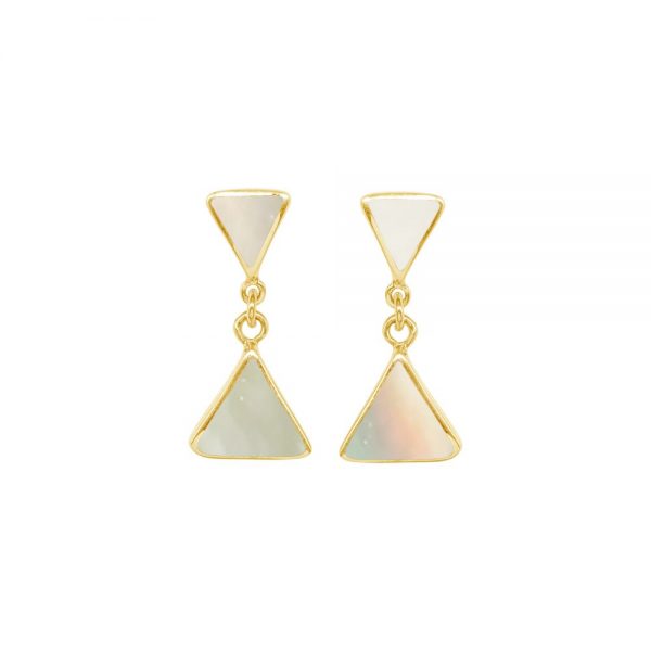 Yellow Gold Mother of Pearl Triangular Double Drop Earrings