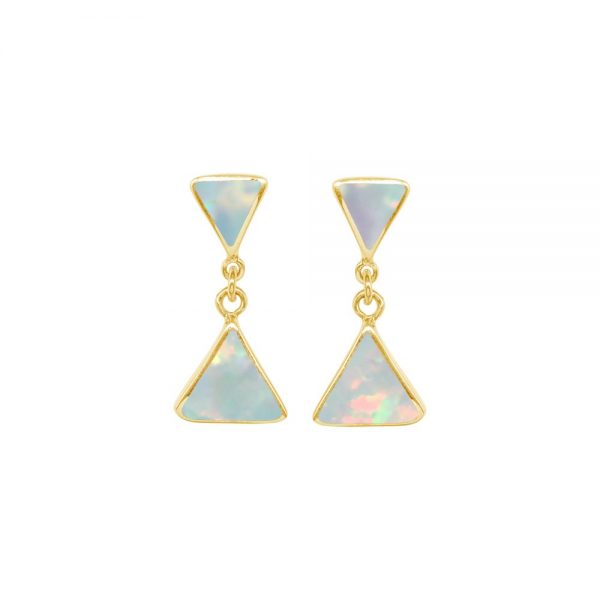 Yellow Gold Opalite Sun Ice Triangular Double Drop Earrings