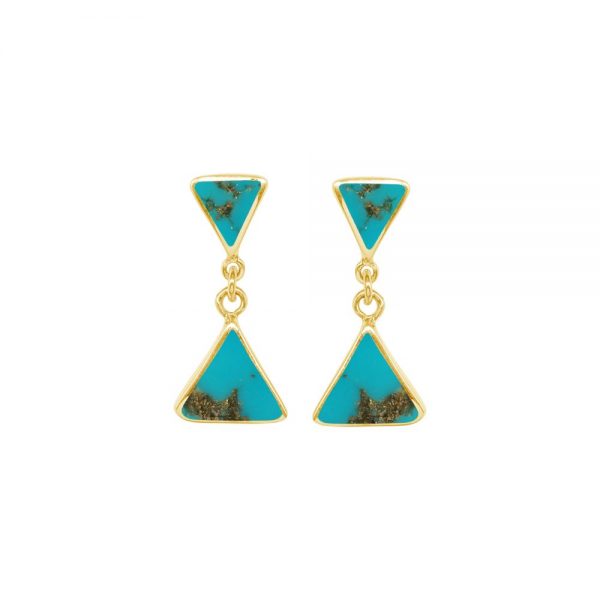 Yellow Gold Turquoise Triangular Double Drop Earrings