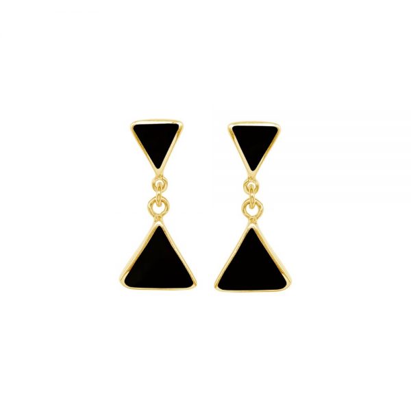 Yellow Gold Whitby Jet Triangular Double Drop Earrings