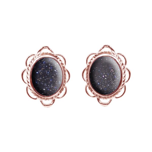 Rose Gold Blue Goldstone Oval Frill Edge Stud Earrings