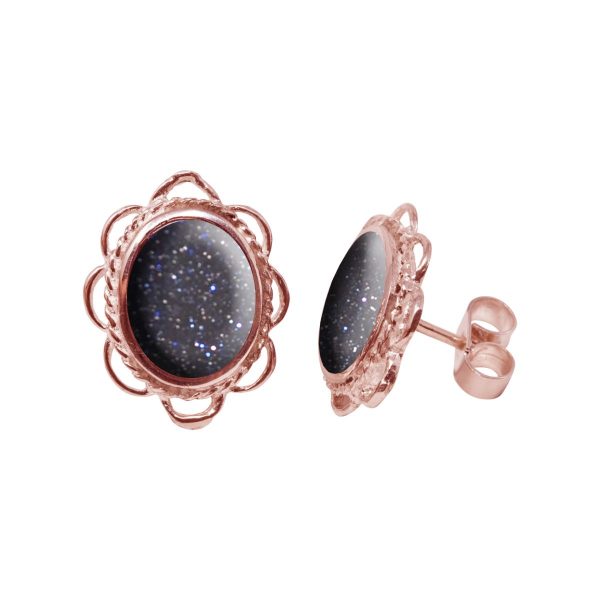 Rose Gold Blue Goldstone Oval Frill Edge Stud Earrings