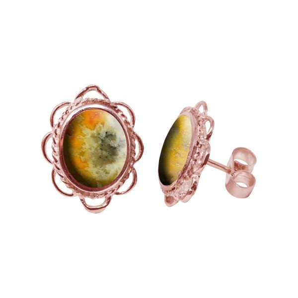 Rose Gold Bumblebee Jasper Oval Frill Edge Stud Earrings