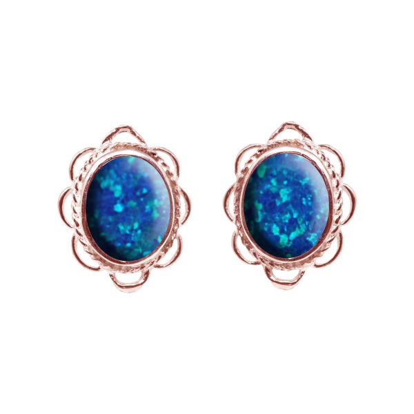 Rose Gold Cobalt Blue Opalite Oval Frill Edge Stud Earrings