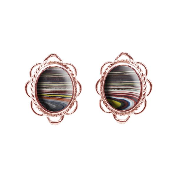 Rose Gold Fordite Oval Frill Edge Stud Earrings