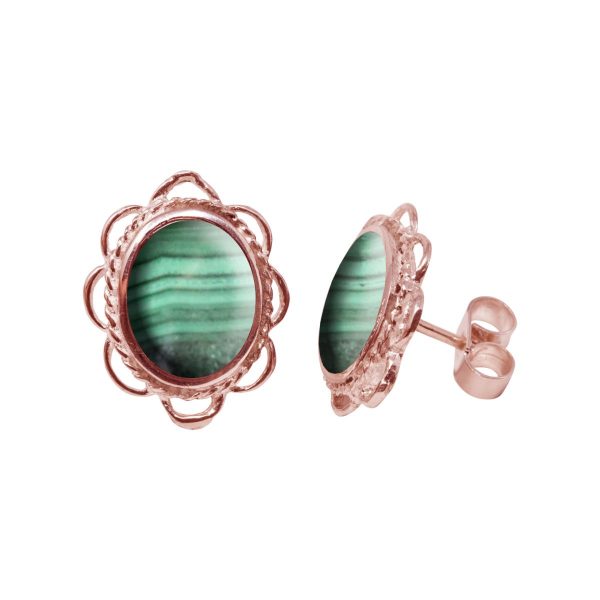 Rose Gold Malachite Oval Frill Edge Stud Earrings