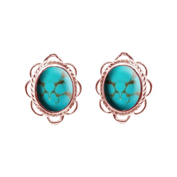 Rose Gold Turquoise Oval Frill Edge Stud Earrings