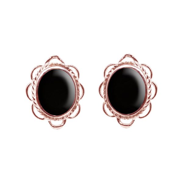 Rose Gold Whitby Jet Oval Frill Edge Stud Earrings