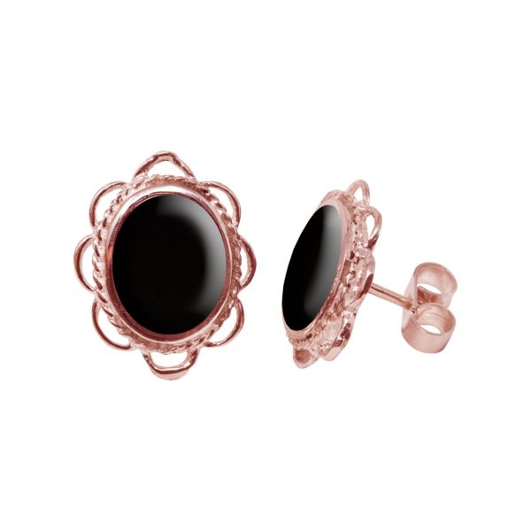 Rose Gold Whitby Jet Oval Frill Edge Stud Earrings