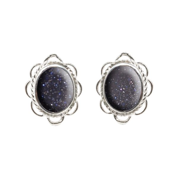 Silver Blue Goldstone Oval Frill Edge Stud Earrings