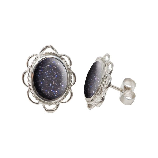 Silver Blue Goldstone Oval Frill Edge Stud Earrings