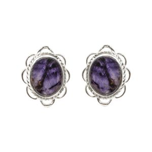 Silver Oval Stone Blue John Stud Earrings Frill Edge