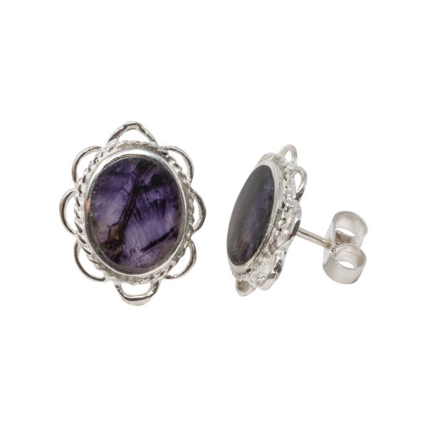 Silver Blue John Oval Frill Edge Stud Earrings