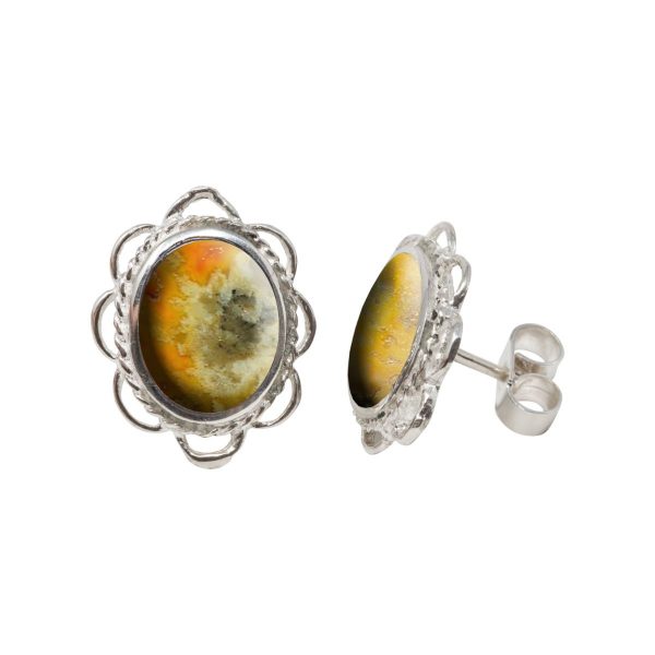 Silver Bumblebee Jasper Oval Frill Edge Stud Earrings