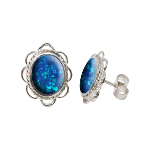 Silver Cobalt Blue Opalite Oval Frill Edge Stud Earrings