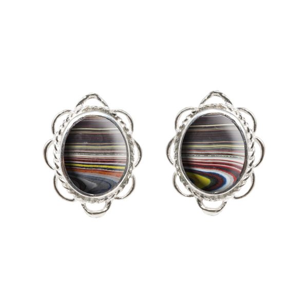 Silver Fordite Oval Frill Edge Stud Earrings