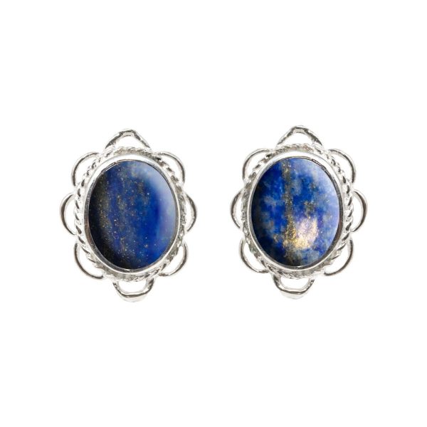 Silver Lapis Oval Frill Edge Stud Earrings