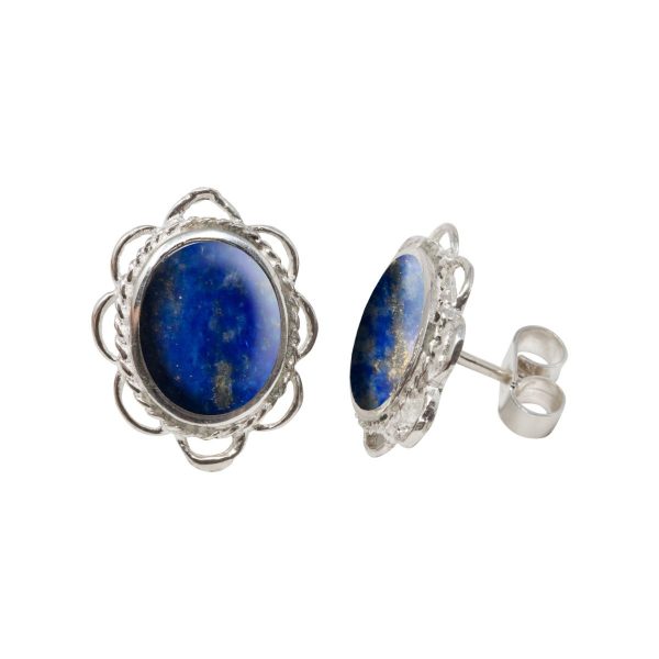 Silver Lapis Oval Frill Edge Stud Earrings