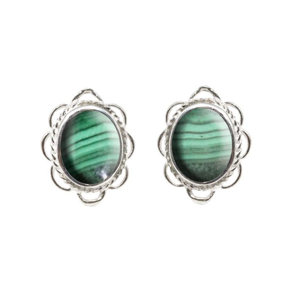 Silver Malachite Oval Frill Edge Stud Earrings