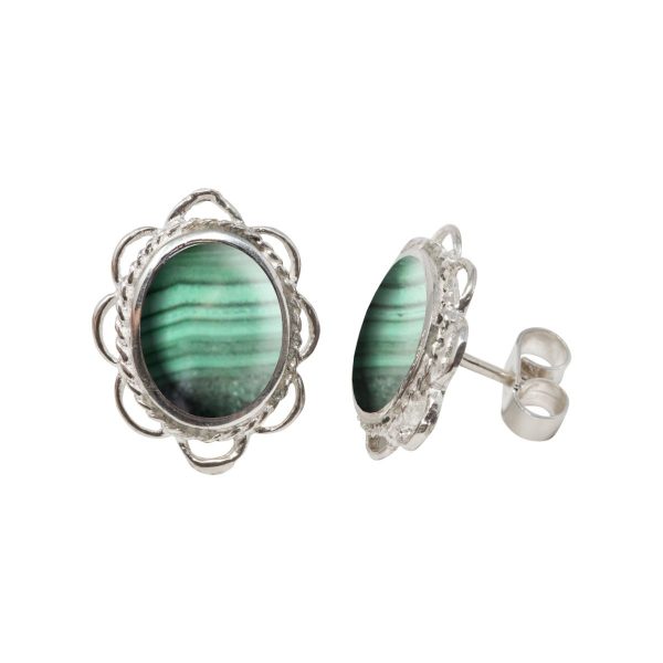 Silver Malachite Oval Frill Edge Stud Earrings