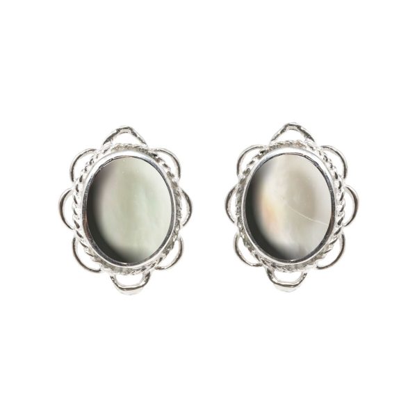 Silver Mother of Pearl Oval Frill Edge Stud Earrings