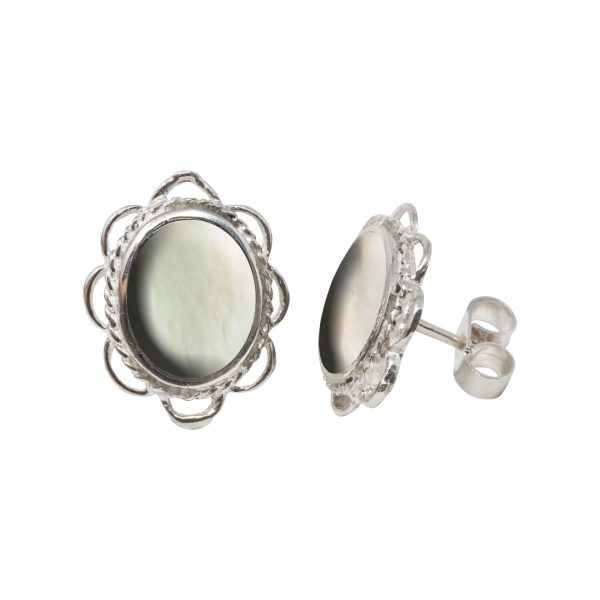 Silver Mother of Pearl Oval Frill Edge Stud Earrings