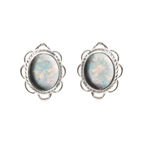 Silver Sun Ice Opalite Oval Frill Edge Stud Earrings