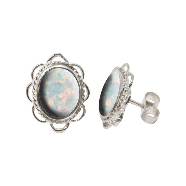 Silver Opalite Sun Ice Oval Frill Edge Stud Earrings