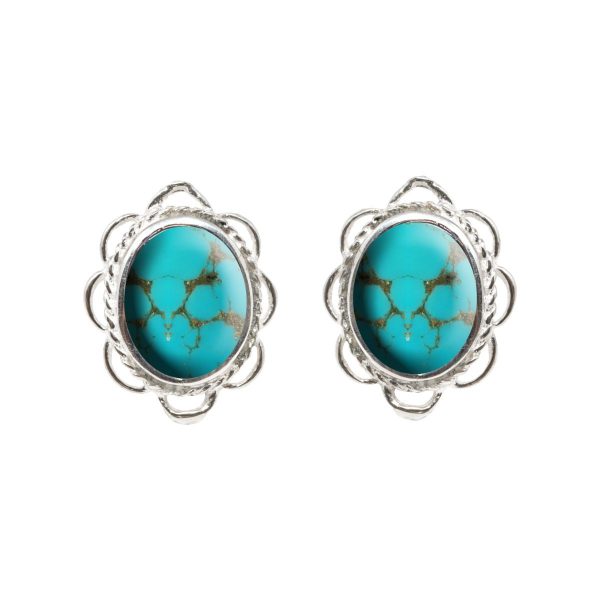 Silver Turquoise Oval Frill Edge Stud Earrings