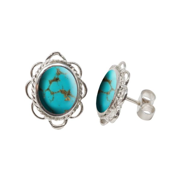 Silver Turquoise Oval Frill Edge Stud Earrings