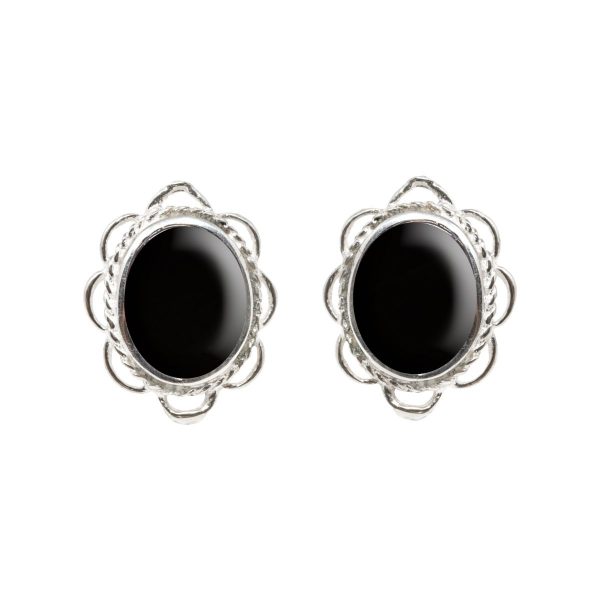 Silver Whitby Jet Oval Frill Edge Stud Earrings