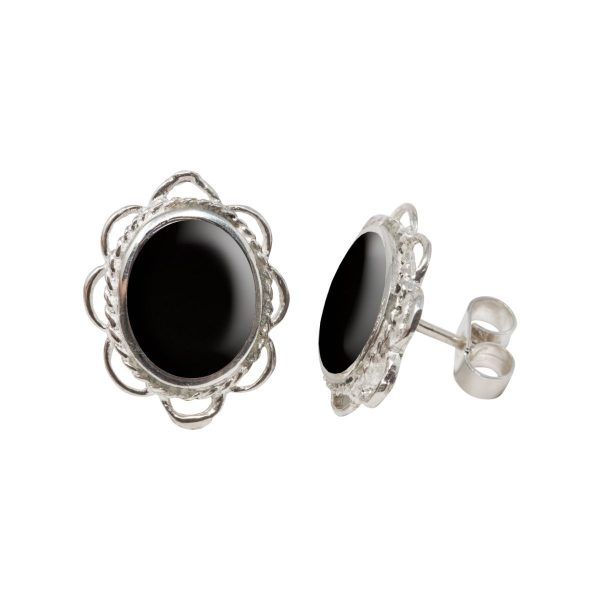 Silver Whitby Jet Oval Frill Edge Stud Earrings