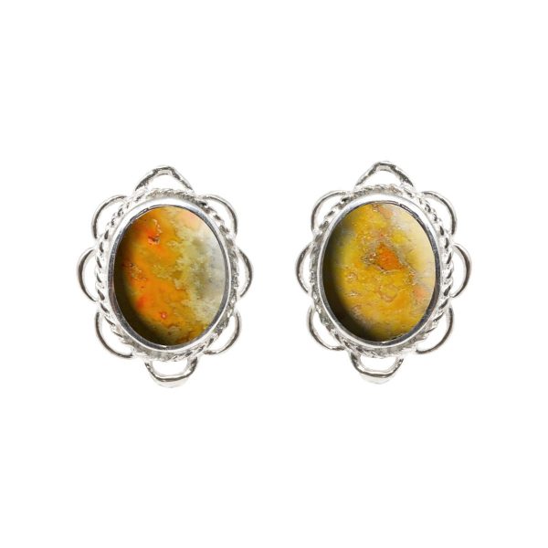 White Gold Bumblebee Jasper Oval Stud Earrings