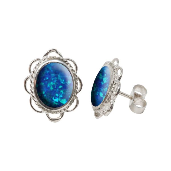 White Gold Opalite Cobalt Blue Oval Stud Earrings