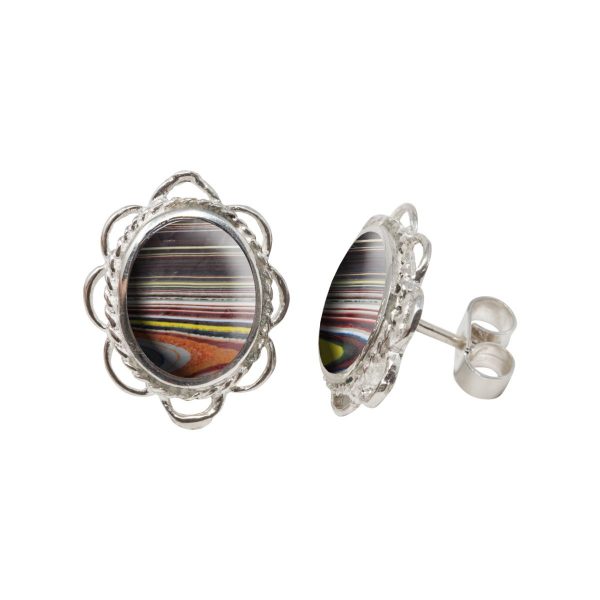 White Gold Fordite Oval Stud Earrings