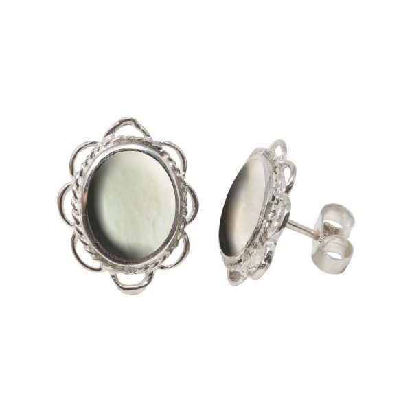 White Gold Mother of Pearl Oval Stud Earrings