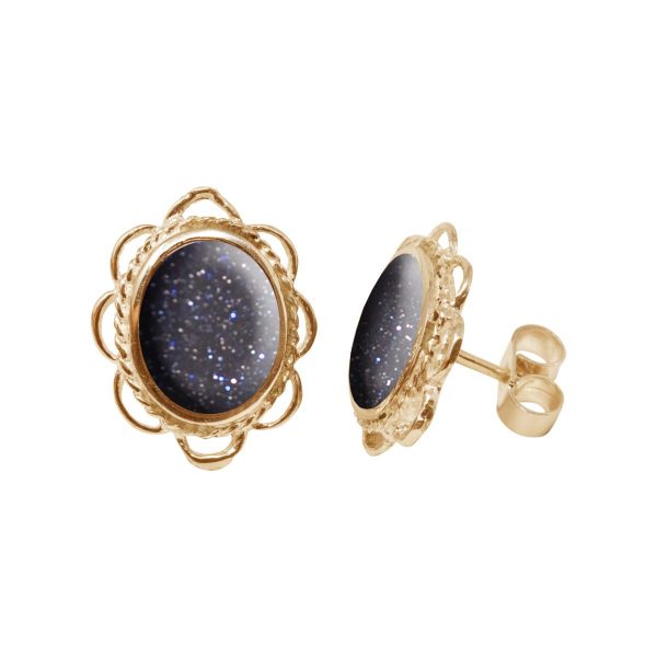 Gold Blue Goldstone Oval Frill Edge Stud Earrings