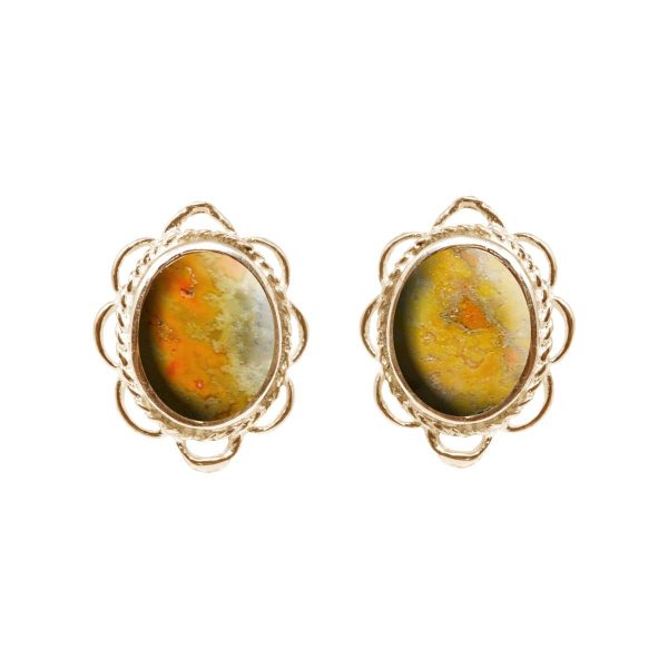 Gold Bumblebee Jasper Oval Frill Edge Stud Earrings