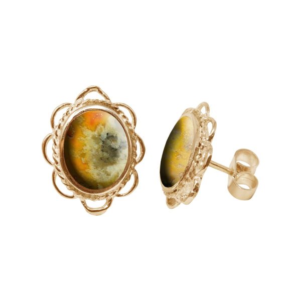 Gold Bumblebee Jasper Oval Frill Edge Stud Earrings