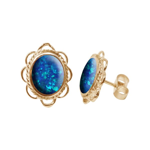 Gold Cobalt Blue Opalite Oval Frill Edge Stud Earrings