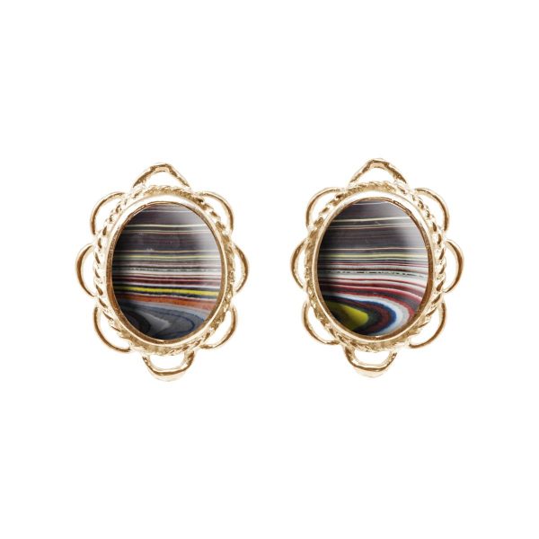 Gold Fordite Oval Frill Edge Stud Earrings