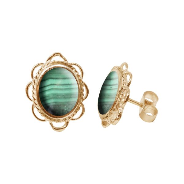 Gold Malachite Oval Frill Edge Stud Earrings