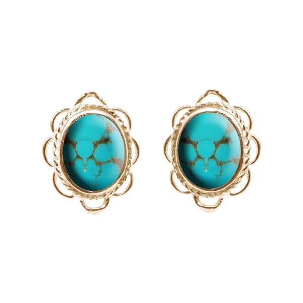 Gold Turquoise Oval Frill Edge Stud Earrings