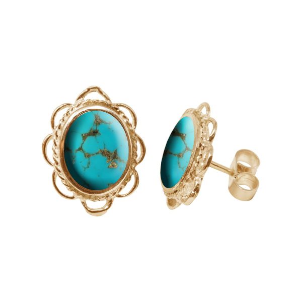 Gold Turquoise Oval Frill Edge Stud Earrings