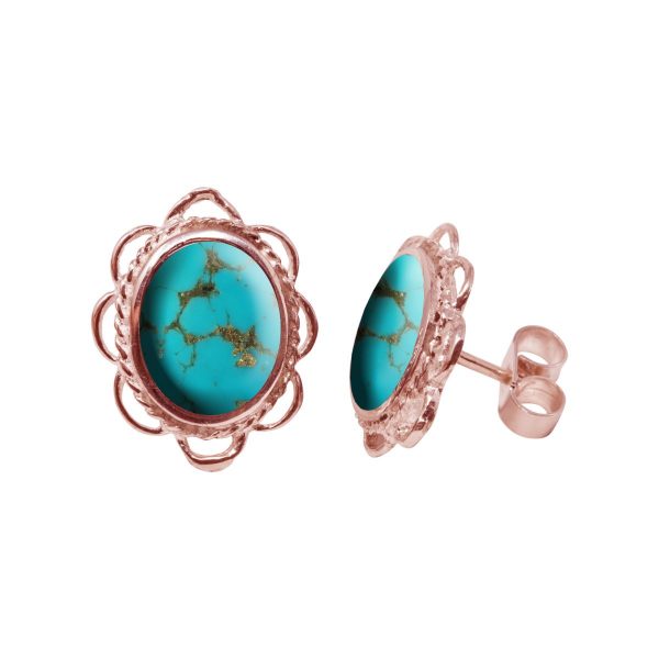Rose Gold Turquoise Oval Frill Edge Stud Earrings