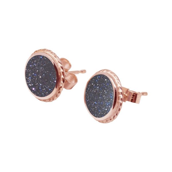 Rose Gold Blue Goldstone Round Stud Earrings