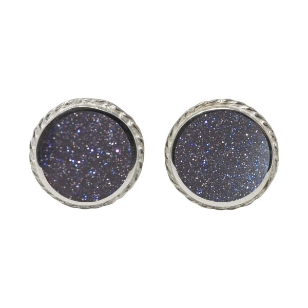 Silver Blue Goldstone Round Stud Earrings